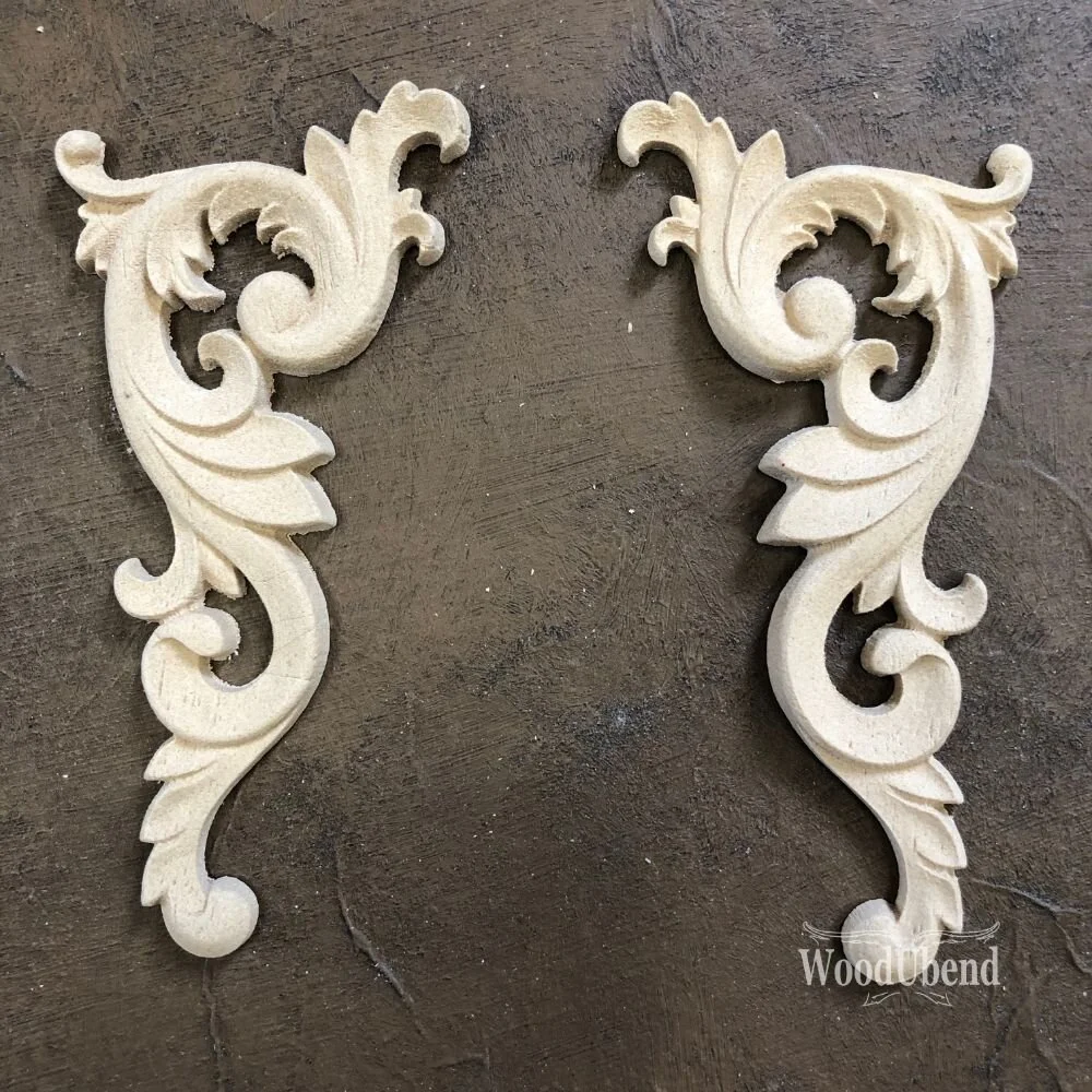 wooden furniture and mixed media mouldings WoodUbend #364/&365 Pair of floral vintage scroll furniture appliqu\u00e9 mouldings