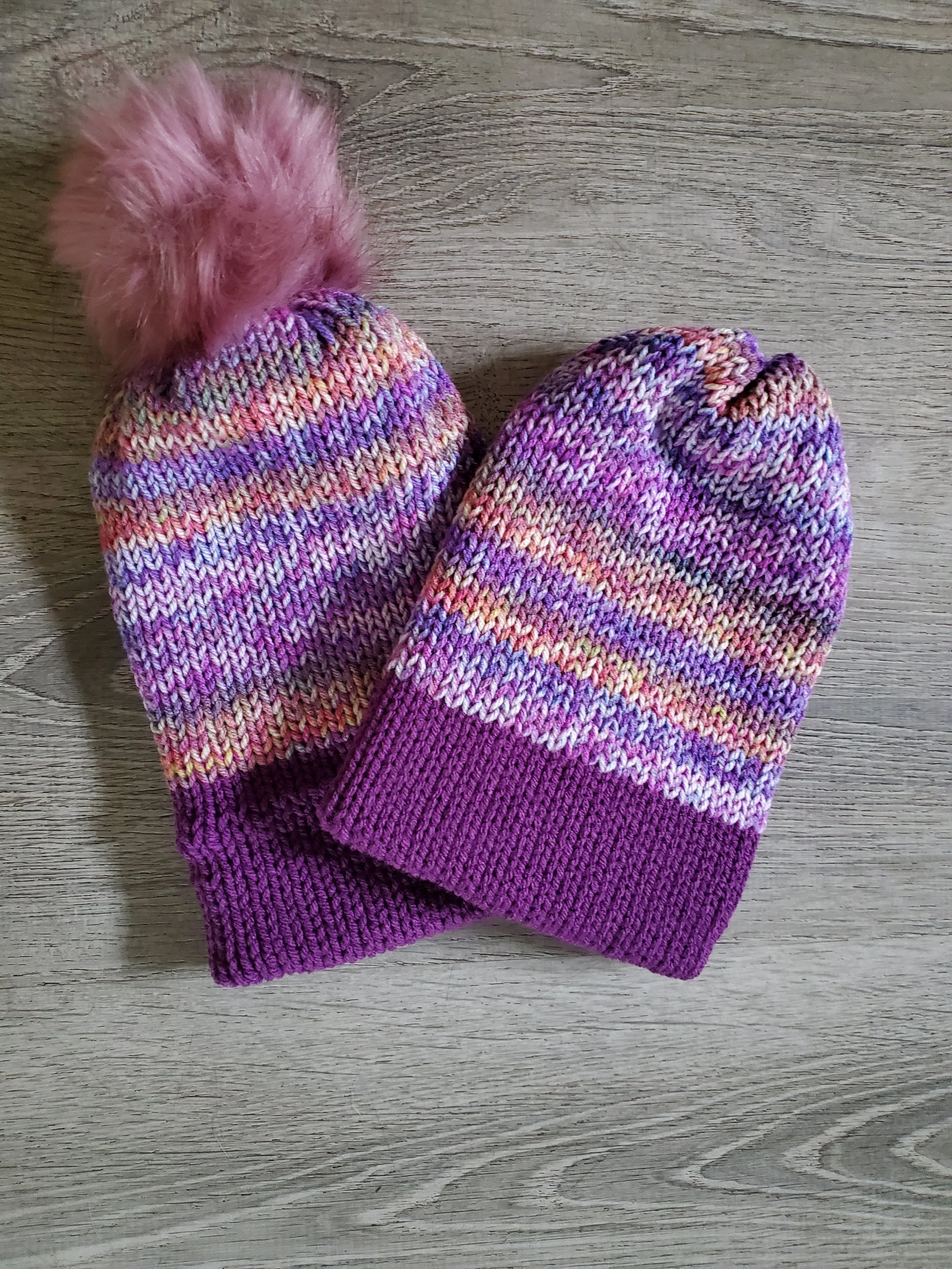 Chunky Knit Purple and Pink Beanie Snowbird Chunky Knit Solid Cuff Pom Beanie | Snowbird Store main image 4
