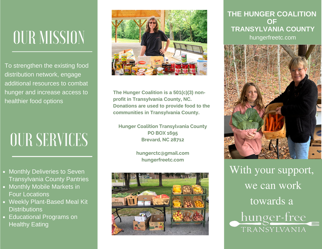 A community food distribution flyer for the Hunger Coalition of Transylvania County. The flyer features two photos: the top right shows a woman with curly gray hair wearing a black shirt standing behind a table with canned and boxed foods outdoors, and the bottom right shows a woman and a girl in a wooded area, the woman handing a basket of carrots to the girl. The flyer includes information about the mission, services, and contact details of the organization.