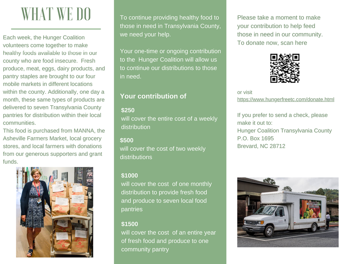 A flyer titled "What We Do" explaining the Hunger Coalition's efforts to provide healthy food donations in Transylvania County. It includes details on donation contributions, a QR code, a photo of a smiling woman with paper bags of food, and an image of a mobile food distribution truck.