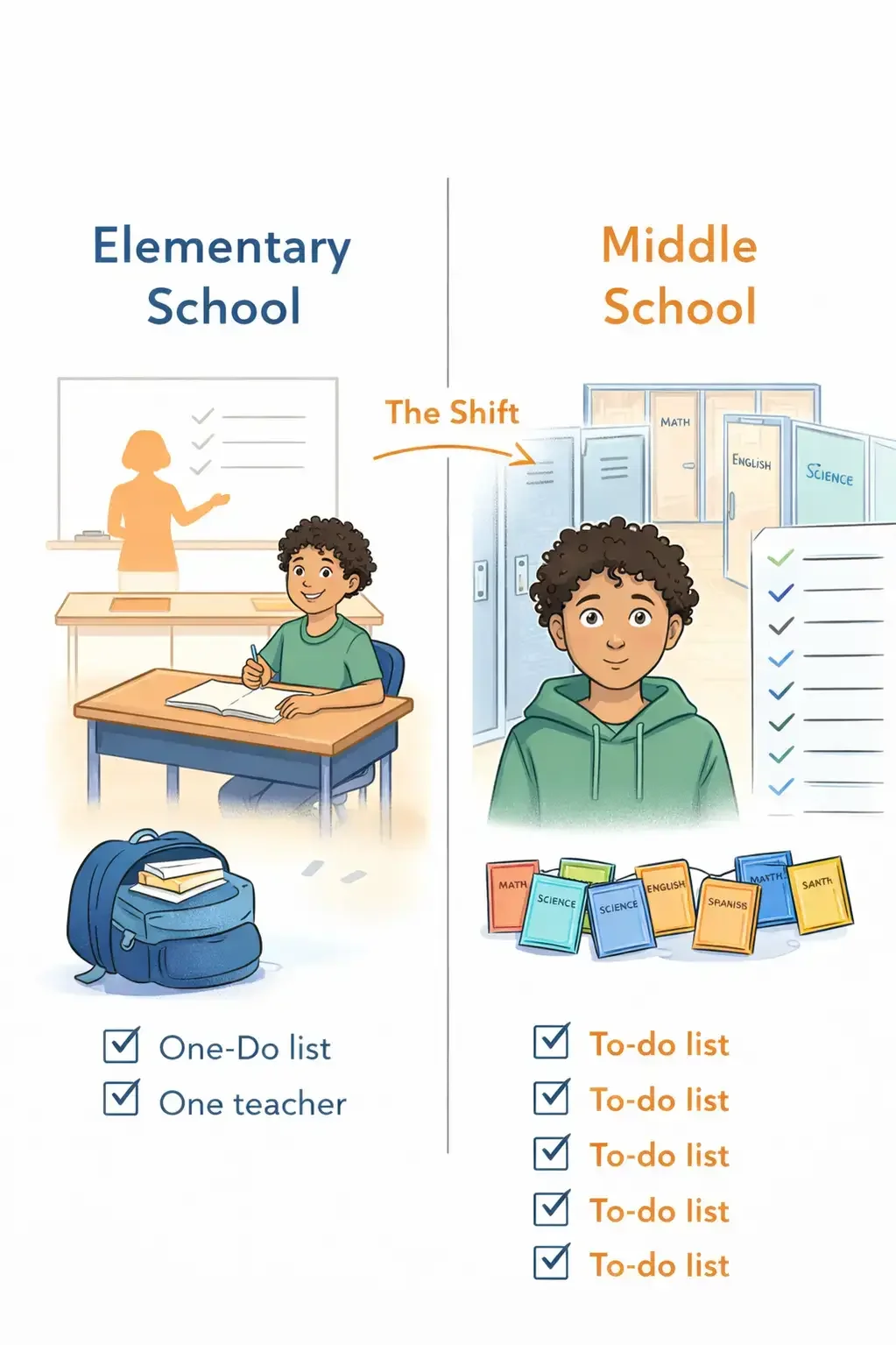 Infographic comparing elementary school simplicity to middle school