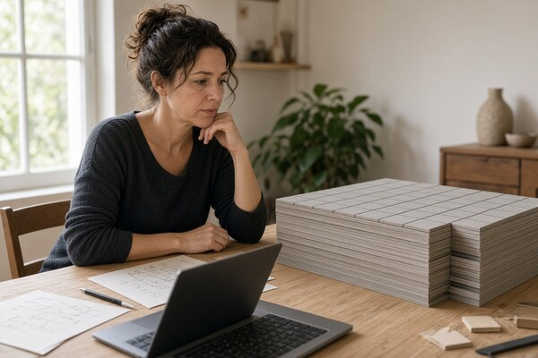 woman looking at her unfinished project