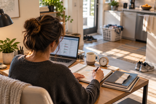 Remote worker organizing tasks at a home desk while everyday household responsibilities remain visible nearby.
