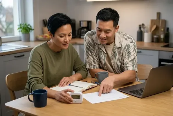 Two adults planning a small timed goal with accountability
