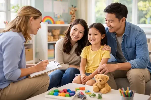Girl with parents during ADHD therapy session with a therapist