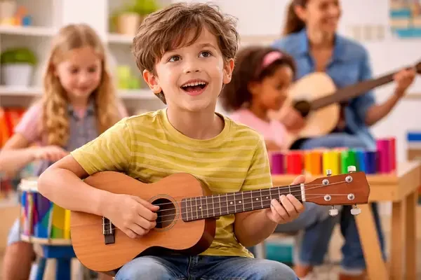 Child playing a ukulele in a music class