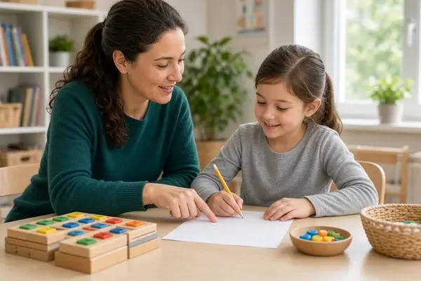 Teacher providing structured literacy support to a child with dyslexia during reading instruction