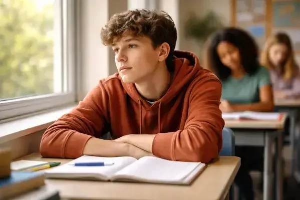 Teen with ADHD distracted in classroom during class