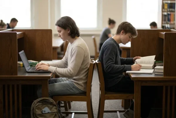 College students using a library study space for focused work