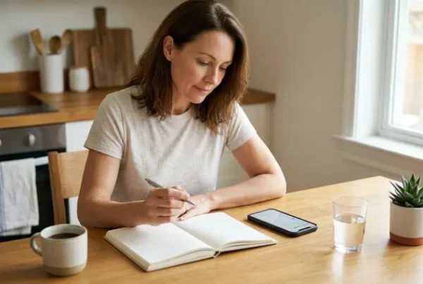 Woman tracking focus and sleep symptoms at home