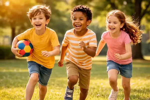 Children running and playing soccer outdoors