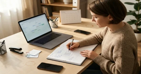 Adult using a visual planner to organize work tasks