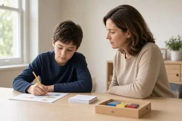 Child completing an executive function assessment while an adult observes