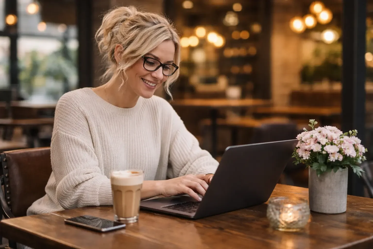 Cozy cafe work session with latte