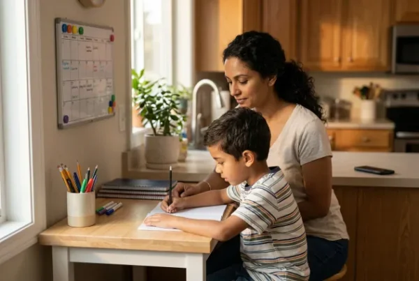 Parent and grade school child following an organized homework routine