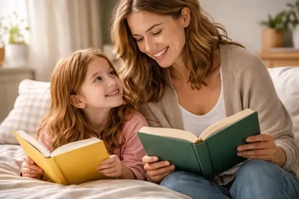 Mother and child reading books