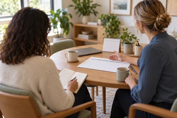Professional interviewing a potential executive coach to discuss planning skills, accountability, and measurable coaching outcomes.