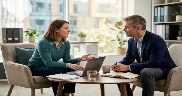 Coach and adult client discussing goals during consultation