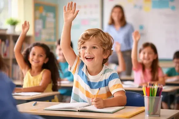 Child raising hand in class, engaged in ADHD therapy