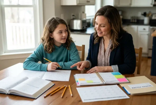 Tutor helping a child with schoolwork while discussing a planner