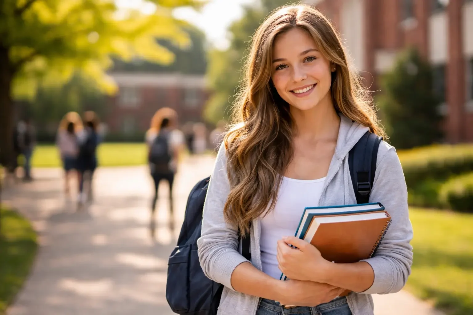 A young woman with long blonde hair smiling and holding a notebook in a classroom setting.