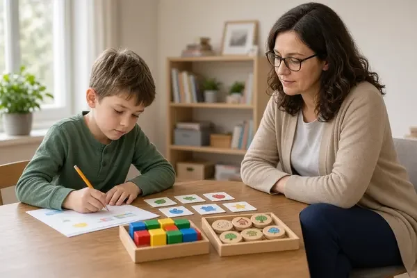 Child completing an educational assessment with a psychologist evaluating learning skills