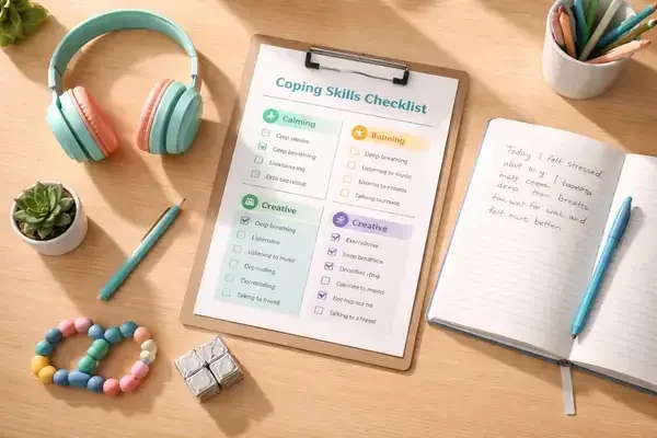 ADHD teen coping skills toolkit with journal and headphones