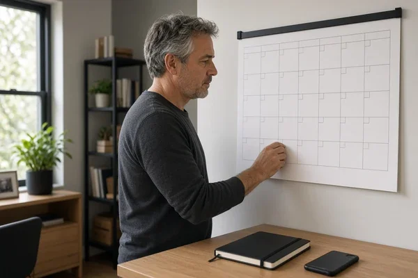 Adult using calendars and organizational tools to support executive function after life changes