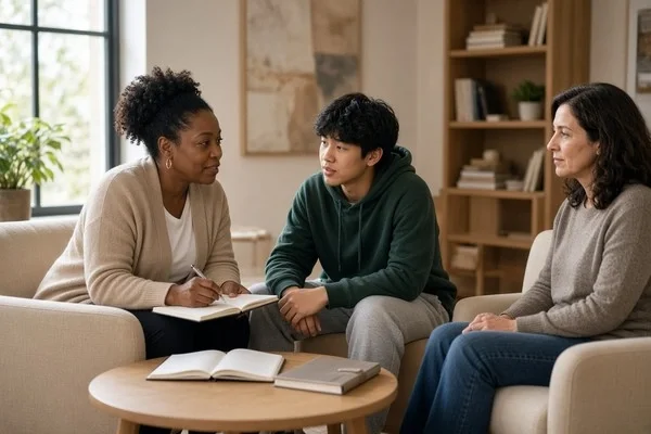 ADHD coach working with teenager while parent receives progress guidance