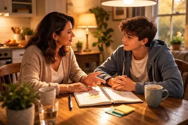 Parent talking with ADHD teen about health plan