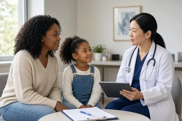 Parent and clinician reviewing a child's developmental evaluation