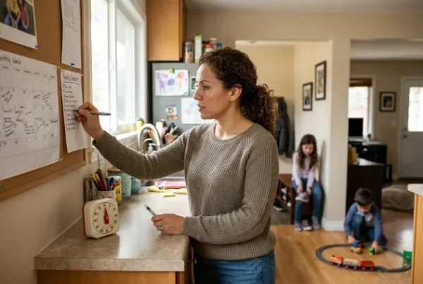 Parent using a visual schedule and timer during family routines
