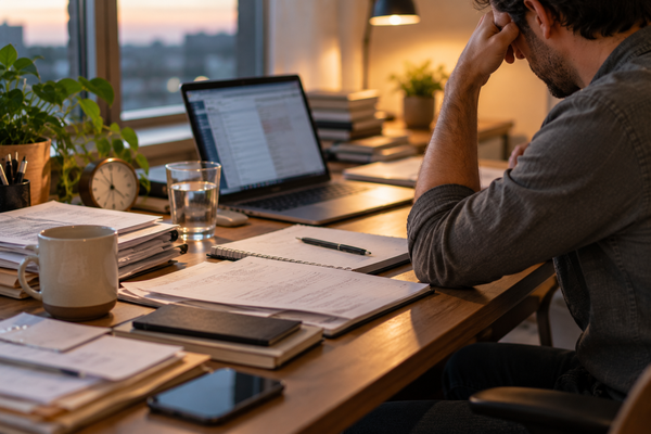 Overworked adult sitting at a desk with unfinished tasks and a planner during a period of prolonged transition-related stress.