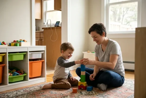 Parent playing with toddler in a safe organized play space