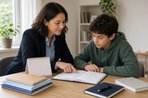 Executive function coach helping a student plan assignments, manage time, and stay organized after reading support is in place
