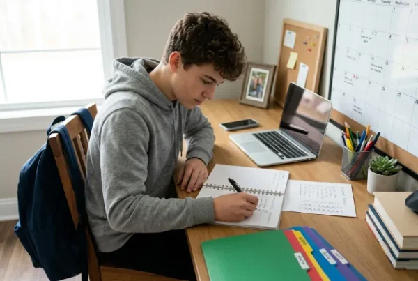 Student using a paper planner to organize school assignments