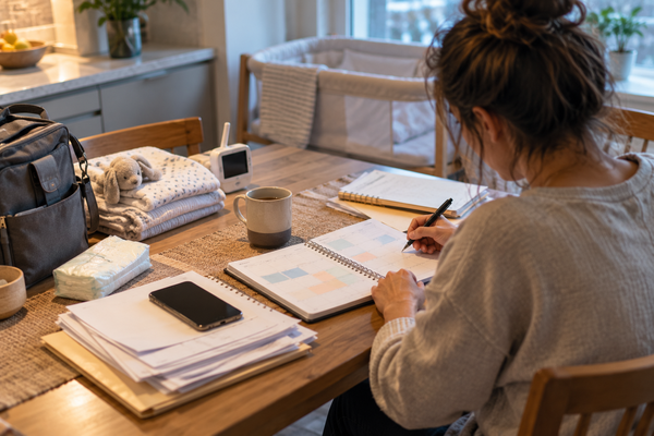 Remote worker organizing tasks at a home desk while everyday household responsibilities remain visible nearby.