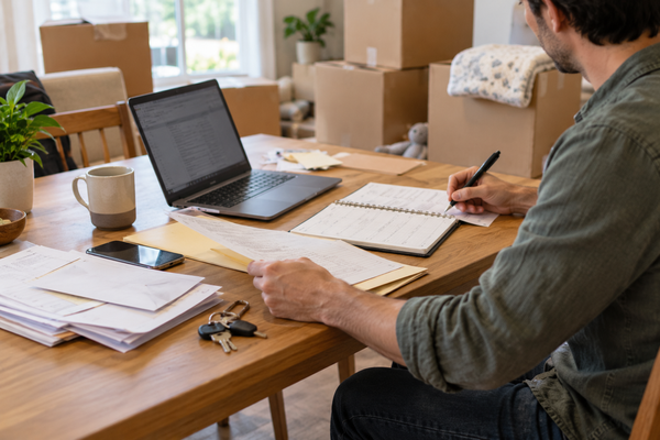 Adult reviewing household documents and work materials among moving boxes during a major life change.