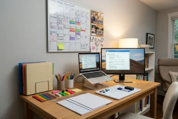 Organized homework station with planner supplies and computer
