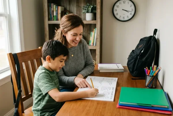 Parent helping a child follow an executive function homework routine