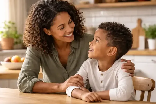 Mother talking to child