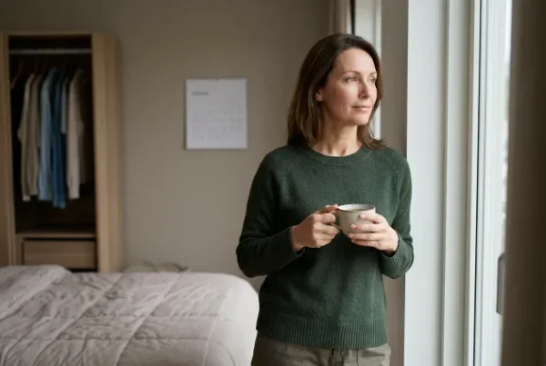 Midlife woman reflecting on changes during perimenopause