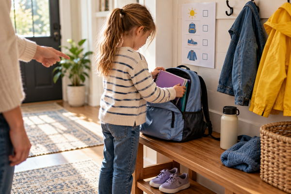 Elementary school child organizing a backpack, shoes, and jacket as part of a daily executive function routine.