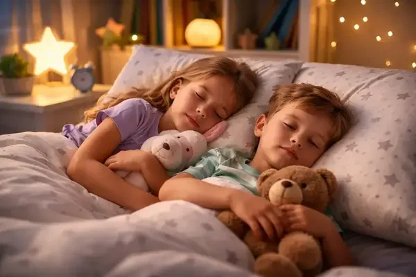 Peaceful siblings at bedtime