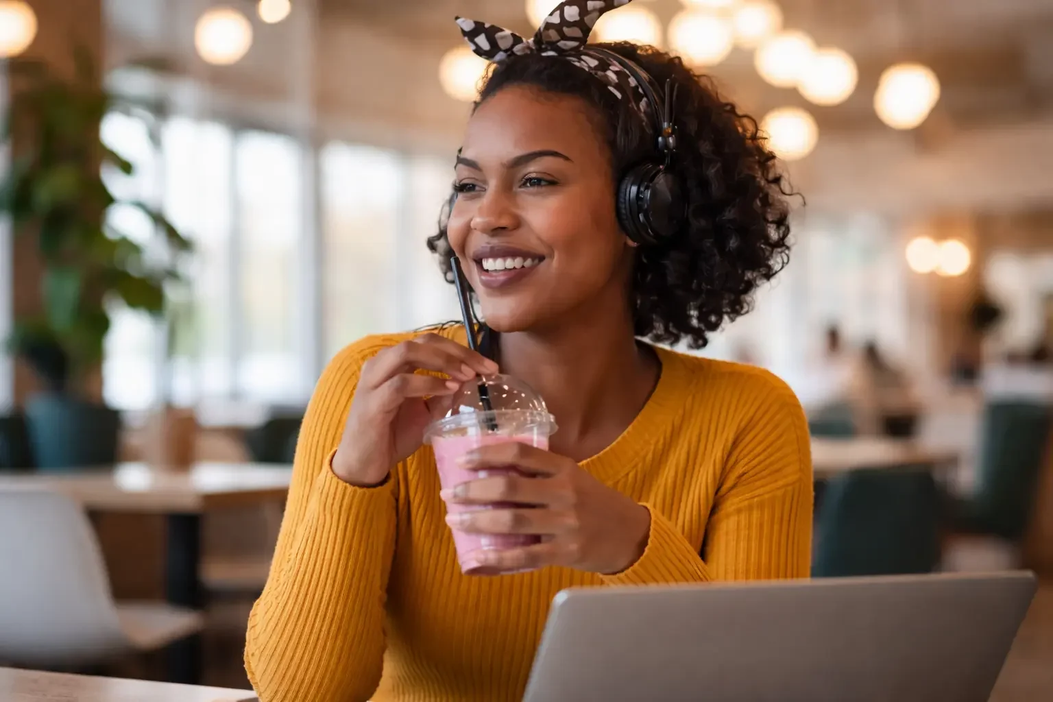 Sipping smoothies in a modern cafe