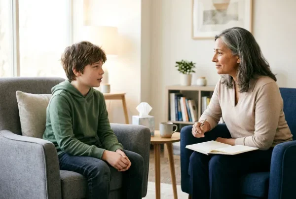 Child talking with a therapist in a calm counseling setting