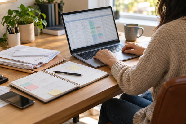 Adult concentrating on a laptop spreadsheet while unfinished paperwork and a personal planner remain beside the computer.