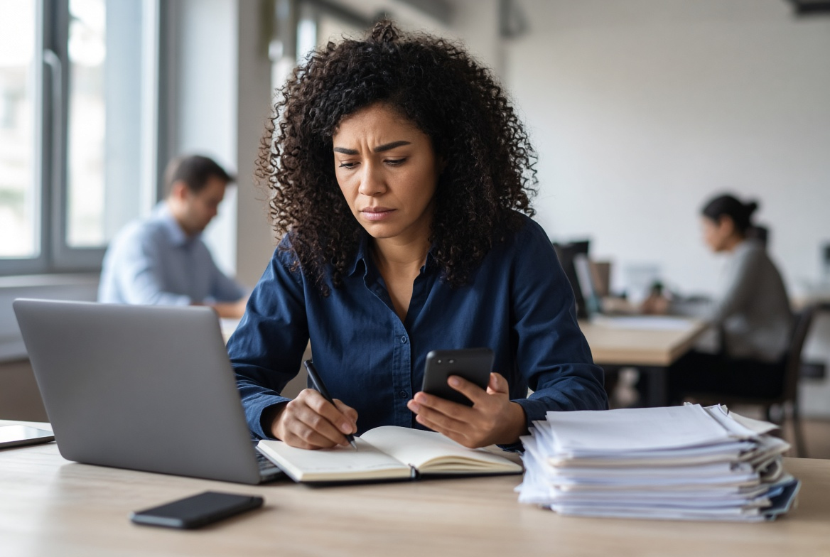 Sleep-deprived employee struggling to manage tasks during a workday