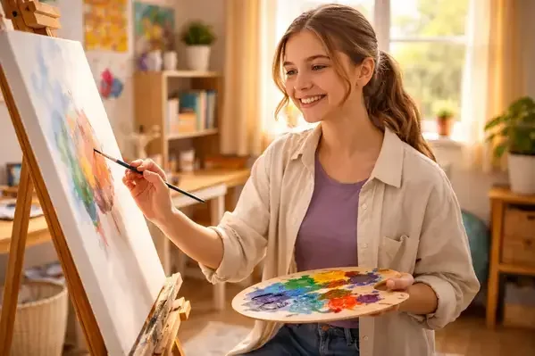 Creative ADHD teen painting at easel