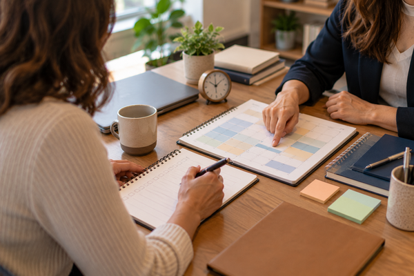Adult client and executive function coach reviewing a color-coded weekly schedule and checklist to rebuild daily routines after a major life transition.